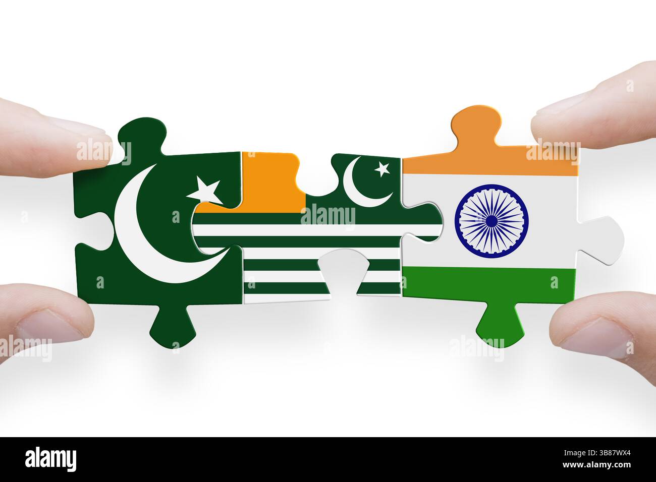 Puzzle fatto con bandiere del Pakistan, dell'India e del Kashmir. Guerra tra Pakistan e India Foto Stock