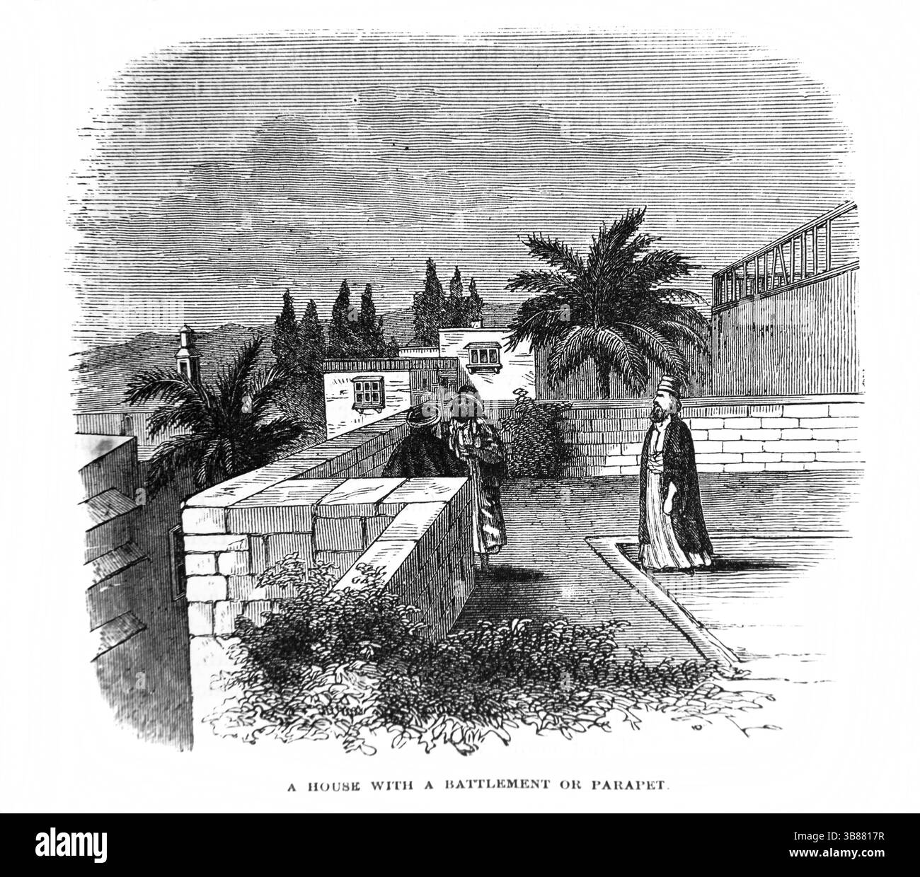 Illustrazione storica di una casa con merlature o parapetto dell'Antica Ottocento la Sacra Bibbia contenente il Vecchio e il nuovo Testamento con E. Foto Stock