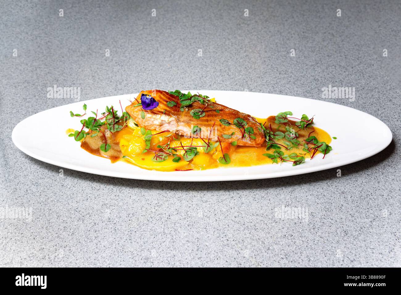 Elegante filetto di salmone placcato servito con salsa di mango, microgreen e viola commestibile, ideale per cene gourmet. Foto Stock