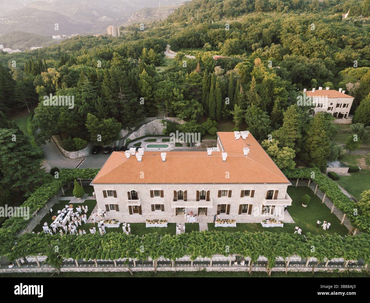 Ospiti in bianco sul prato di fronte a Villa Milocer. Montenegro. Foto Stock