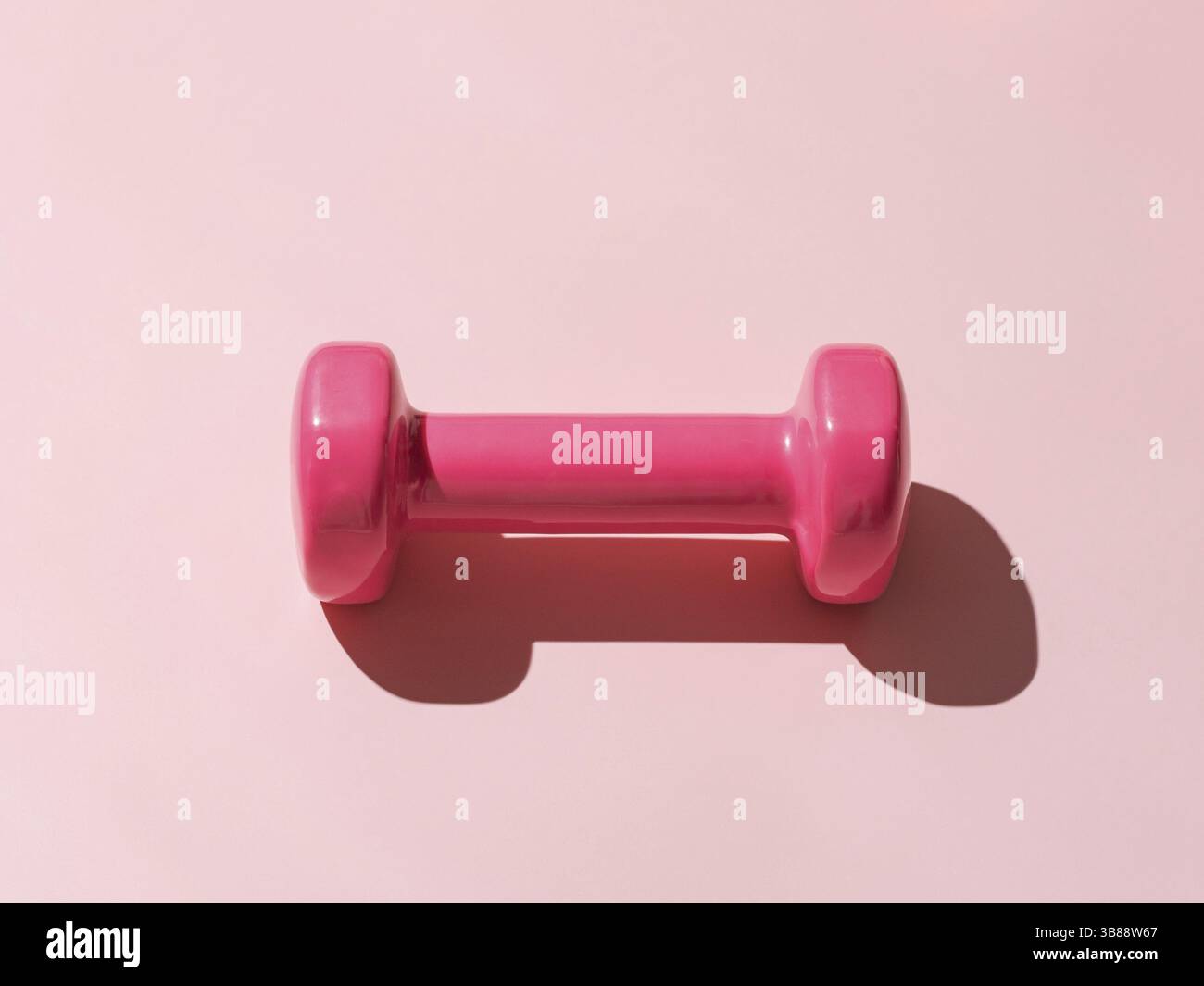 Elegante formula rosa per il fitness e la palestra. Vista prospettica dei manubri rosa su sfondo rosa con ombre scure e dure Foto Stock