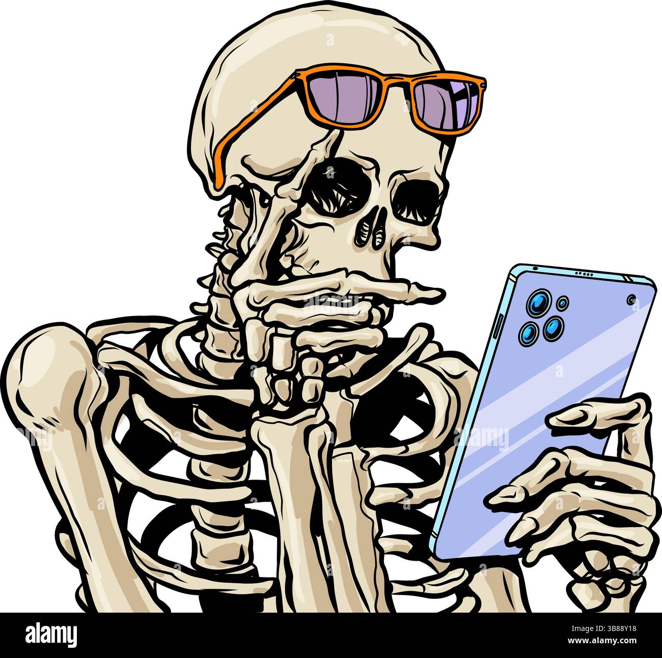 Scheletro con occhiali utilizzando il telefono. Influenza dei social network e dei media. Invito di Halloween divertente. Pop Art retro Vector Illustration Kitsch Vintag Illustrazione Vettoriale