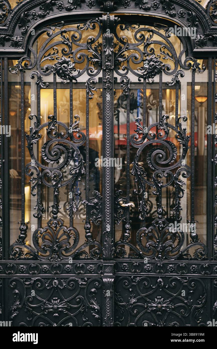 Recinzione forgiata in metallo nero con ornamenti floreali. Foto Stock