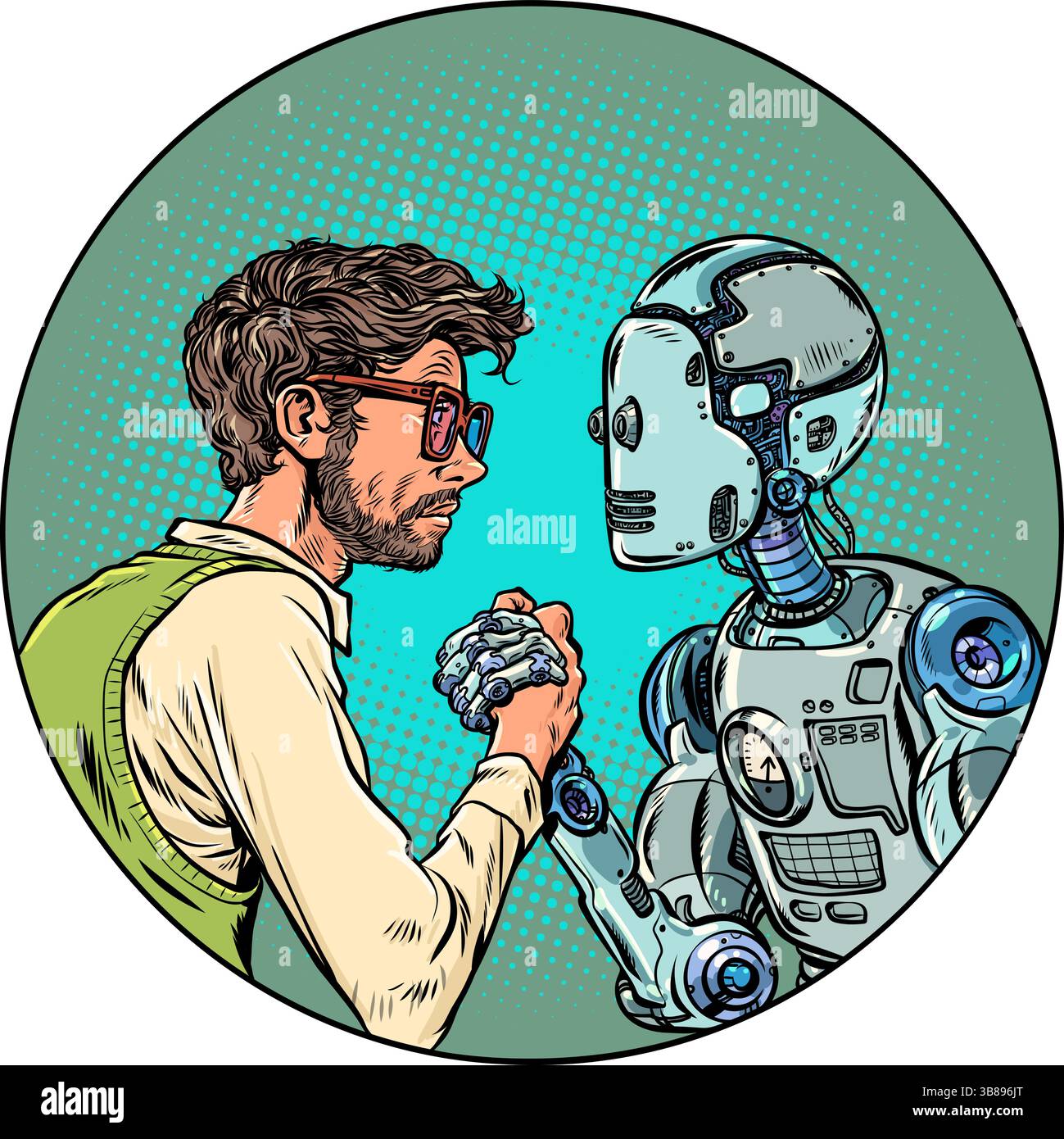 Robot e uomo si combattono a vicenda. Lotta tra le braccia tra gli opposti. Difesa umana contro l'intelligenza artificiale. Pop Art retro Vector Illustration Kitsch Vintage 50s 60s St Illustrazione Vettoriale