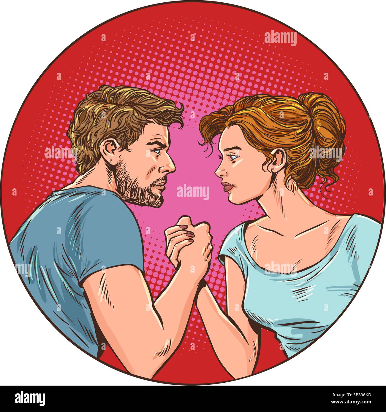 Donna e uomo che combattono l'un l'altro. Lotta tra le braccia tra gli opposti. Problemi nella relazione di una coppia. Illustrazione Vector retro Pop Art Kitsch Vint Illustrazione Vettoriale