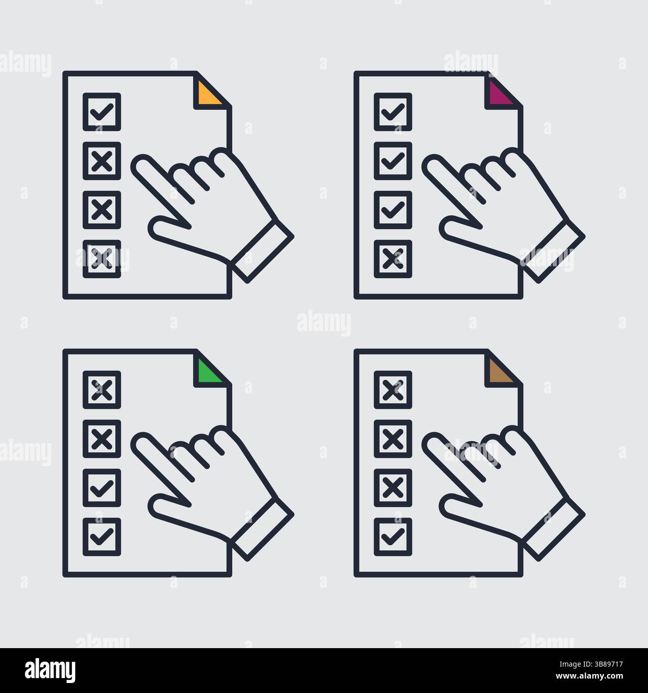 Set di quattro icone vettoriali colorate mano selezionando caselle di controllo e segni X su un documento Illustrazione Vettoriale