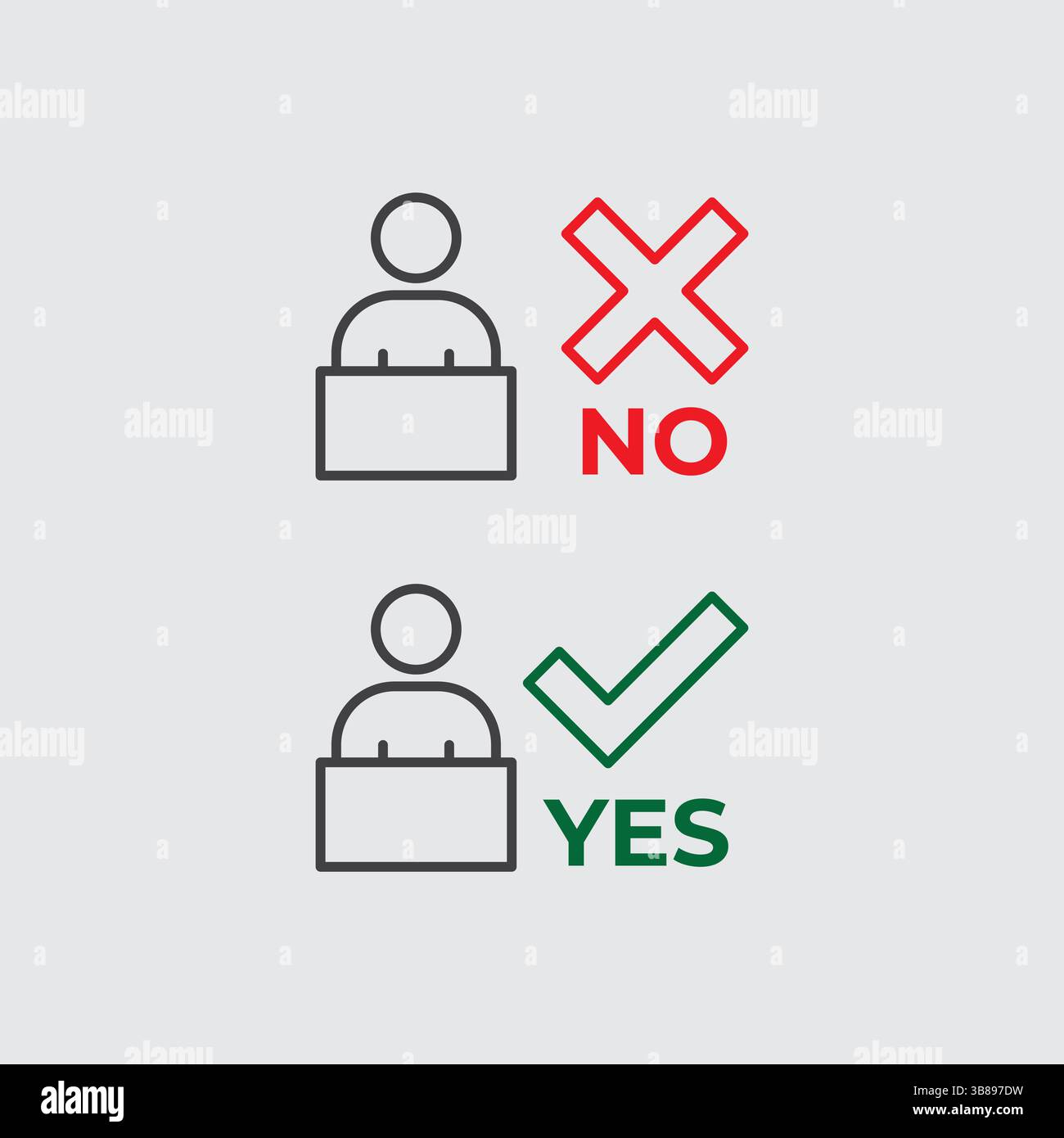 Icona vettoriale Imposta Sì e No voto con simboli di spunta e croce per elezione o decisione Illustrazione Vettoriale