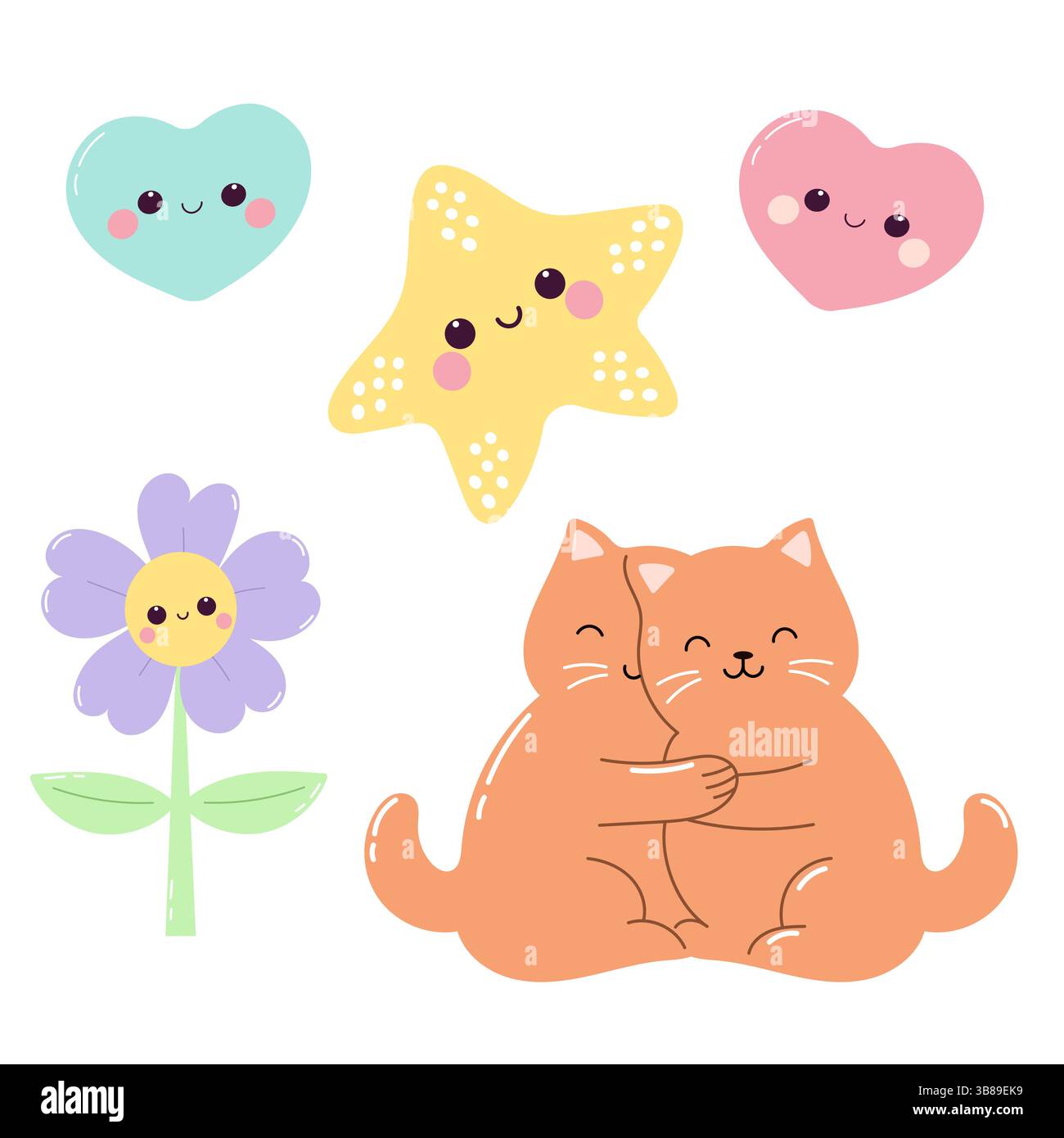 L'amicizia è ambientata con gatto, cuori e fiori. Illustrazione Vettoriale