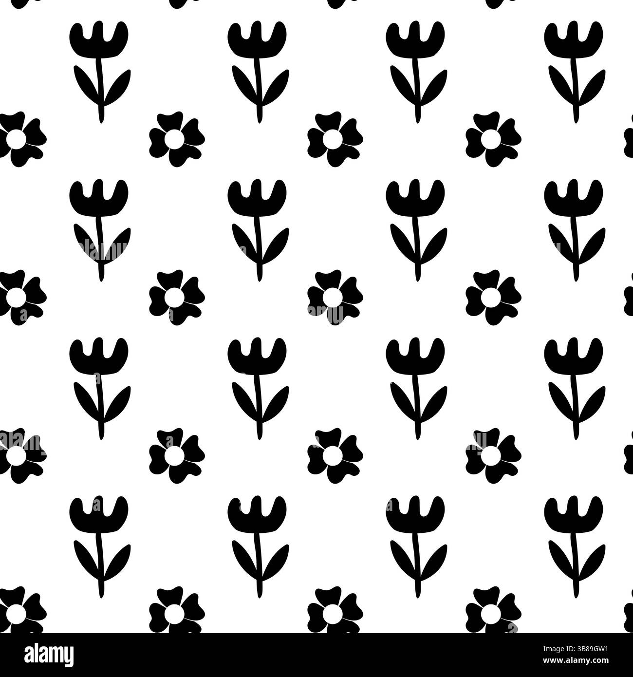 Semplice motivo floreale nero senza cuciture. Stile retrò. Fiori minimalisti. Illustrazione Vettoriale
