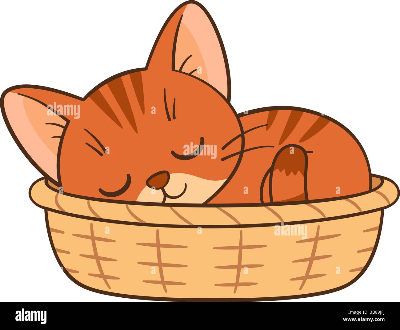 Rosso il gatto sta dormendo in un cestino. Gattino del tabby dello zenzero. Stile piatto Chibi Cat pulito, design semplice perfetto per contenuti per bambini, biglietti d'auguri, adesivi, magliette, tazze e poster Illustrazione Vettoriale