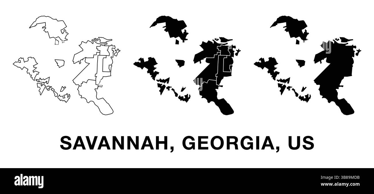 Città di Savannah, Georgia, Stati Uniti d'America set di mappe con divisioni amministrative, contorno e sagoma. Vettore modificabile per le infografiche. Illustrazione Vettoriale