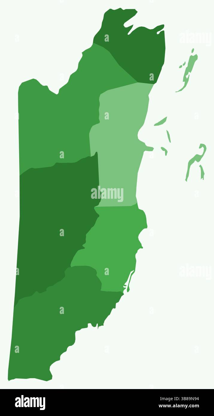 Mappa del Belize con le regioni. Solo una semplice mappa di confine con la divisione della regione. Tavolozza dei colori verde. Illustrazione Vettoriale