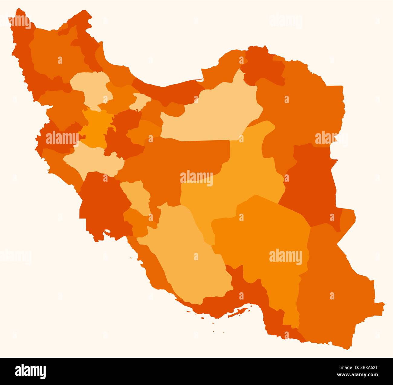 Mappa dell'Iran con le regioni. Solo una semplice mappa di confine con la divisione della regione. Tavolozza dei colori arancione. Illustrazione Vettoriale