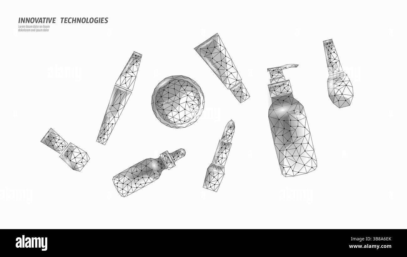 Prodotti cosmetici in stile digitale a basso contenuto di poli. Include rossetto, mascara, panna e lucidante. Pubblicità di marchi di bellezza, cura della pelle o benessere. Mesh geometrica Illustrazione Vettoriale