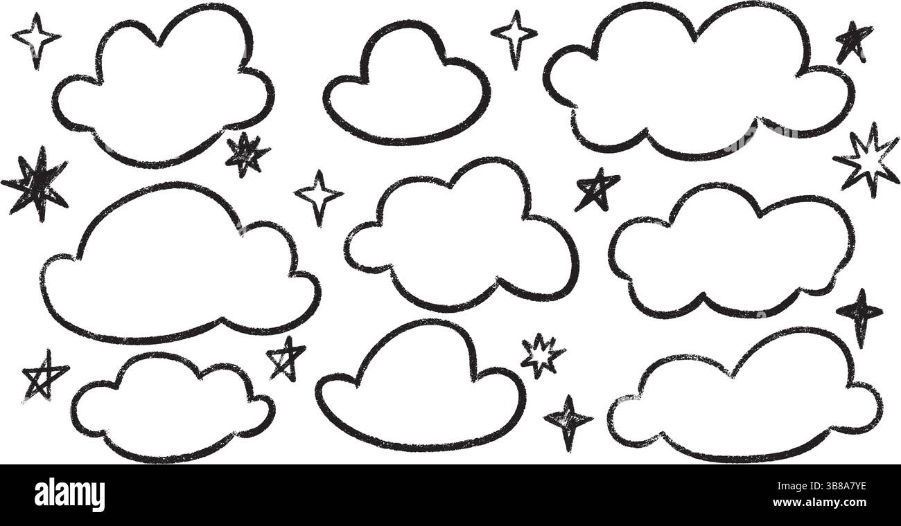 Disegna a matita per bambini nuvole con stelle - gesso di carbone disegnato a mano forme vettoriali isolate su sfondo bianco. Illustrazione Vettoriale