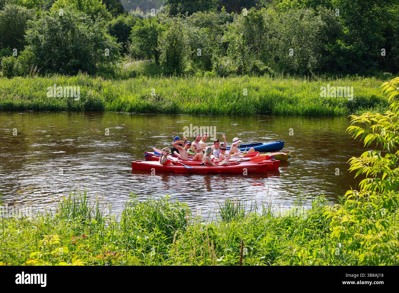 Un gruppo di giovani che si godono una gita estiva in kayak su un fiume calmo circondato dalla vegetazione lussureggiante della Polonia. Foto Stock