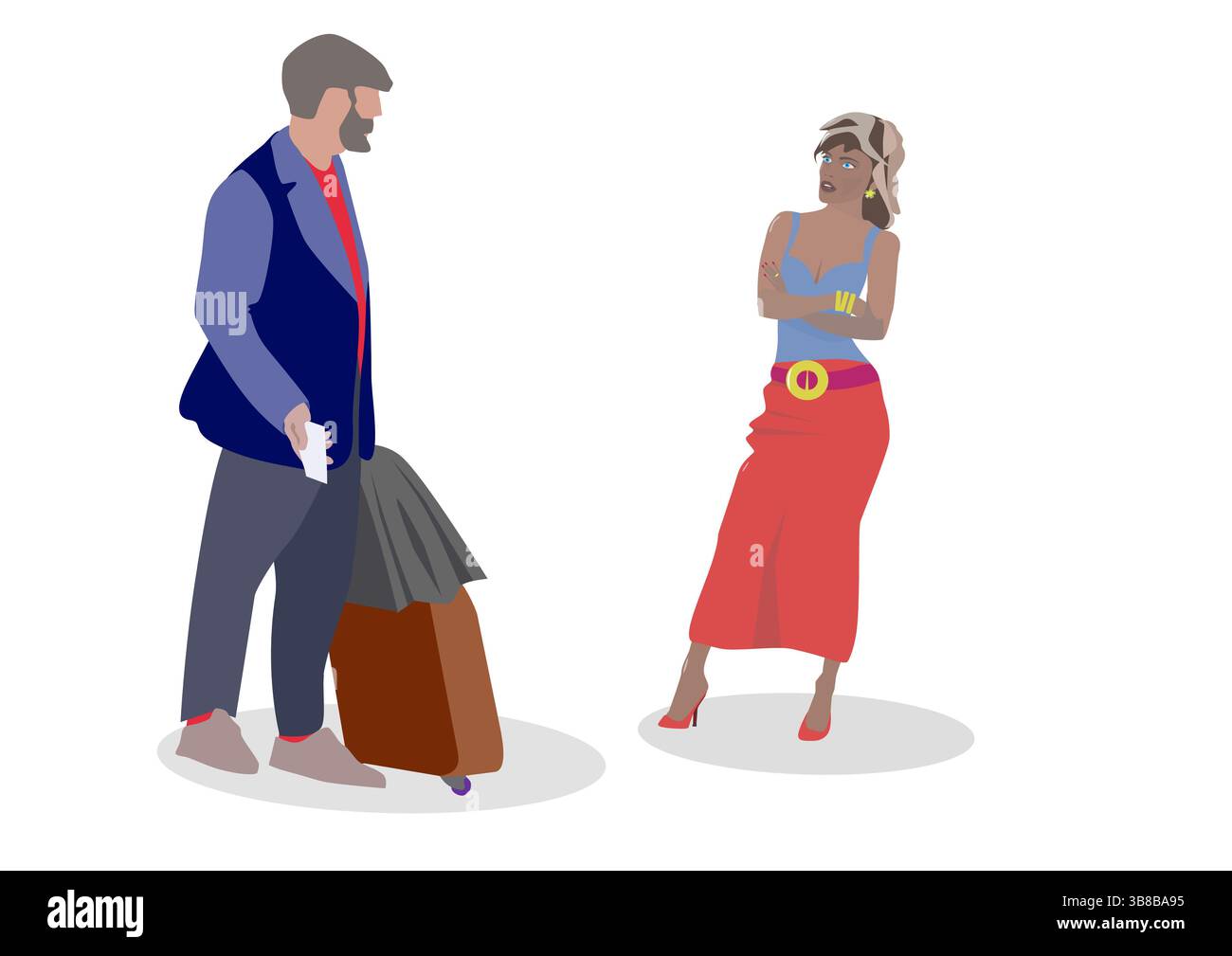 Giovane uomo e donna con le valigie. Illustrazione vettoriale in stile piatto Foto Stock