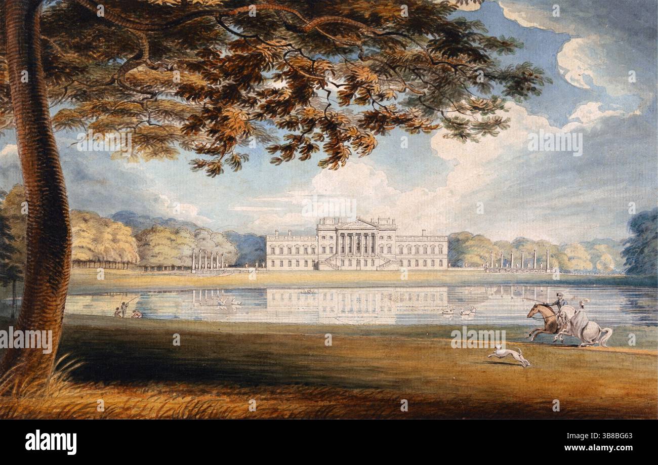 Un acquerello a stampa e gouache di Wanstead House London, di Richard Westall, skyline del XVIII secolo prospettiva storica, arte ad acquerello, opere d'arte, stampe antiche, vista vintage Foto Stock