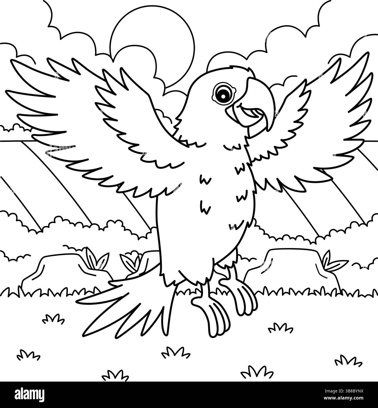 Pagina da colorare Bird Hyacinth Macaw per bambini Illustrazione Vettoriale