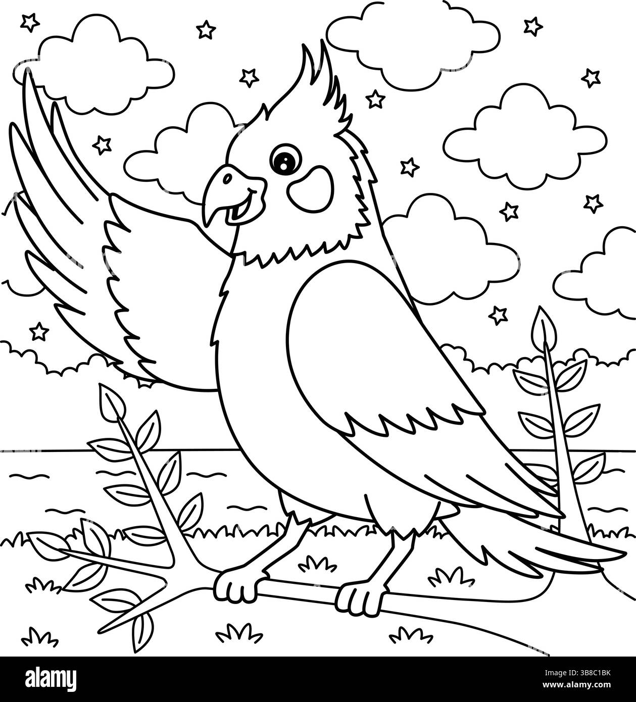 Pagina da colorare Bird Cockatiel per bambini Illustrazione Vettoriale