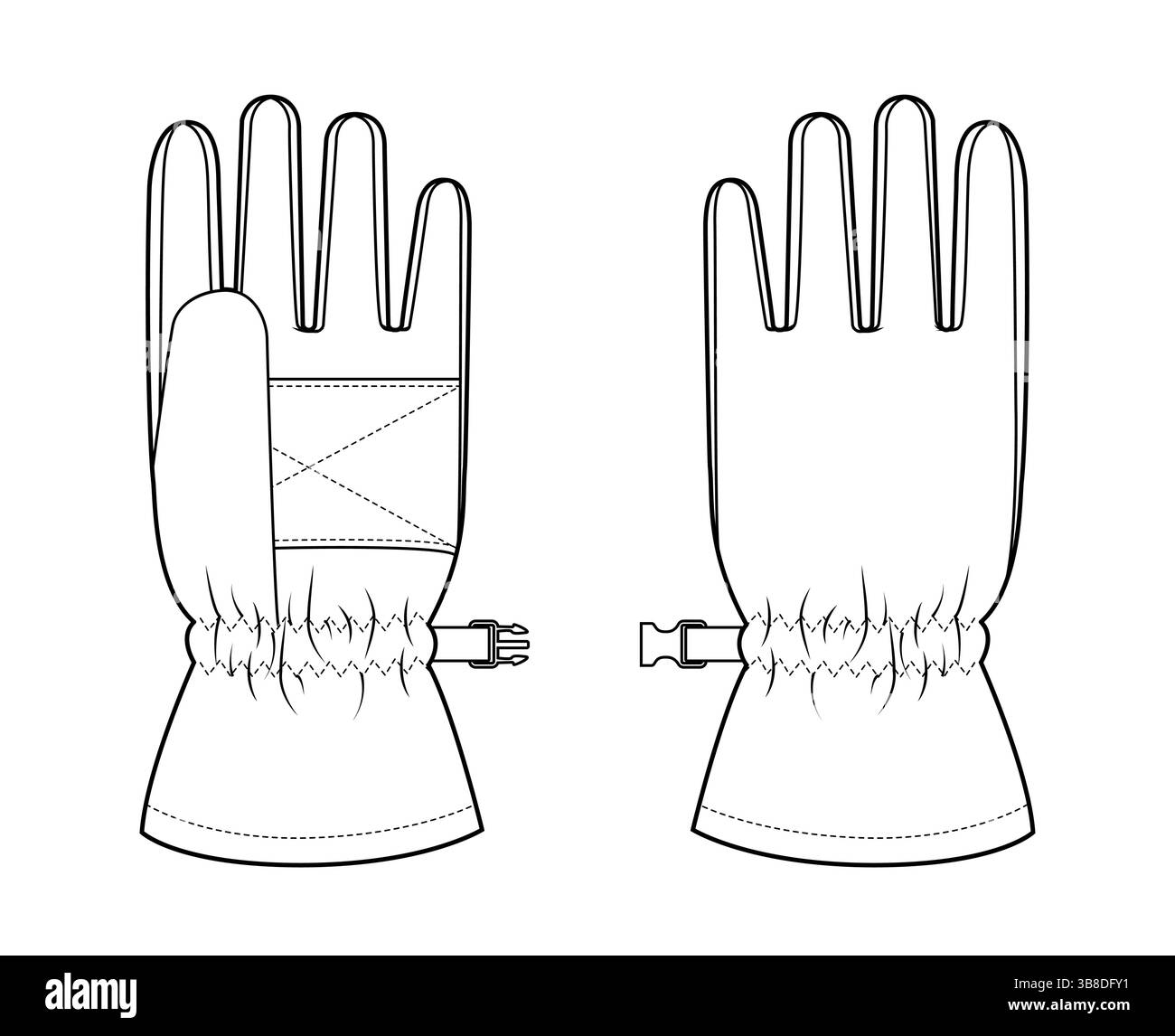 Guanti da sci Igloos Insulated Core Fashion accessori per la mano indumenti per illustrazione tecnica. Vista posteriore del palmo frontale vettoriale per uomo, donna modello piatto disegno CAD su sfondo bianco Illustrazione Vettoriale