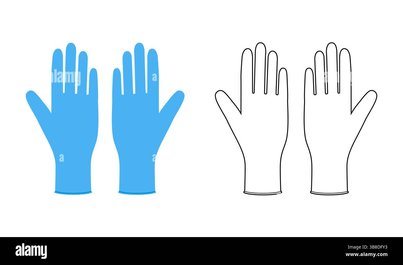 Guanti protettivi per pulizia in gomma cartone animato blu e mockup piatto accessori per le mani isolati indumenti per illustrazione tecnica. Lavastoviglie Vector per uomo, donna, modello unisex CAD su sfondo bianco Illustrazione Vettoriale