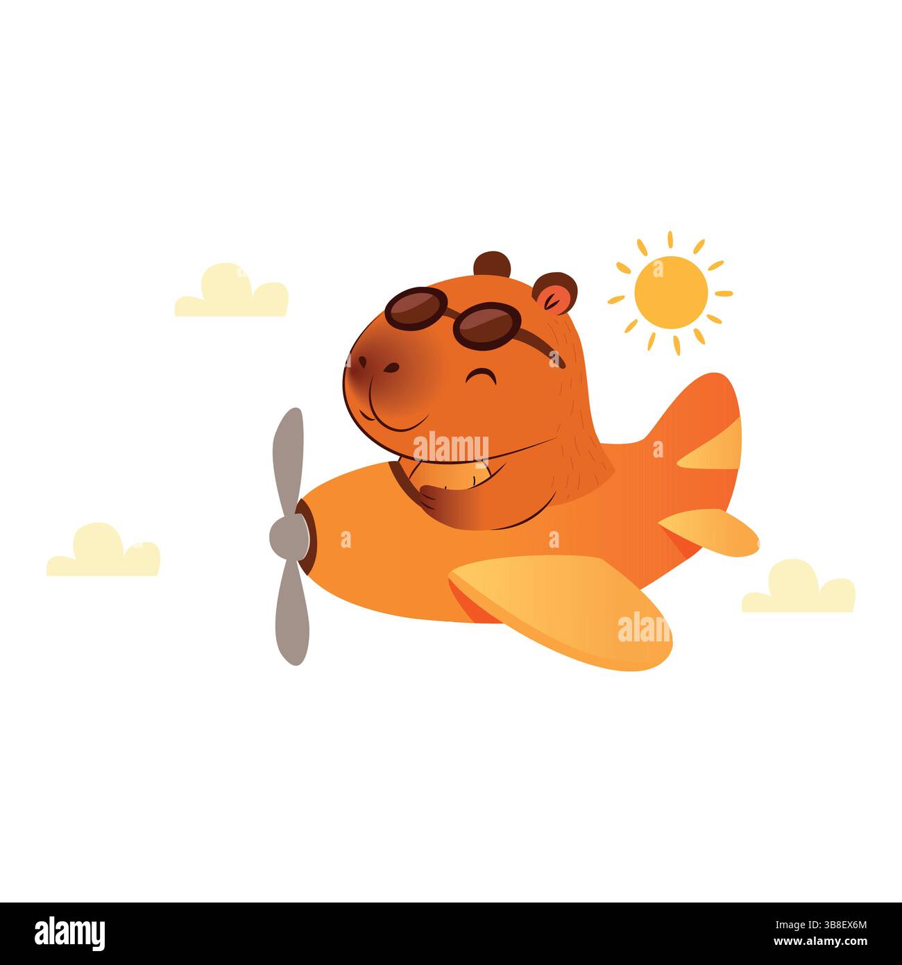 Carino capybara a fumetti che vola un aereo arancione nel cielo sotto il sole. Perfetto per progetti per bambini, illustrazioni a tema di viaggio, aviazione Illustrazione Vettoriale