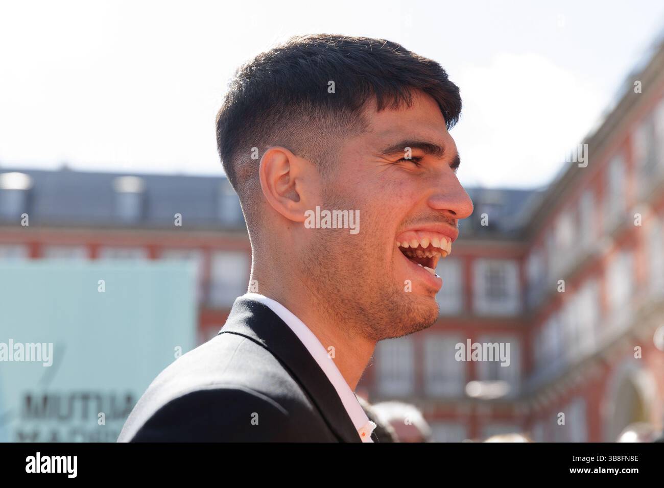 22 aprile 2024, Madrid, Madrid, SPAGNA: Carlos Alcaraz viene visto durante la presentazione del mutua Madrid Open 2024 a Plaza Mayor il 22 aprile 2024, a Madrid, Spagna. (Immagine di credito: © Guillermo Martinez/AFP7 via ZUMA Press Wire) Foto Stock