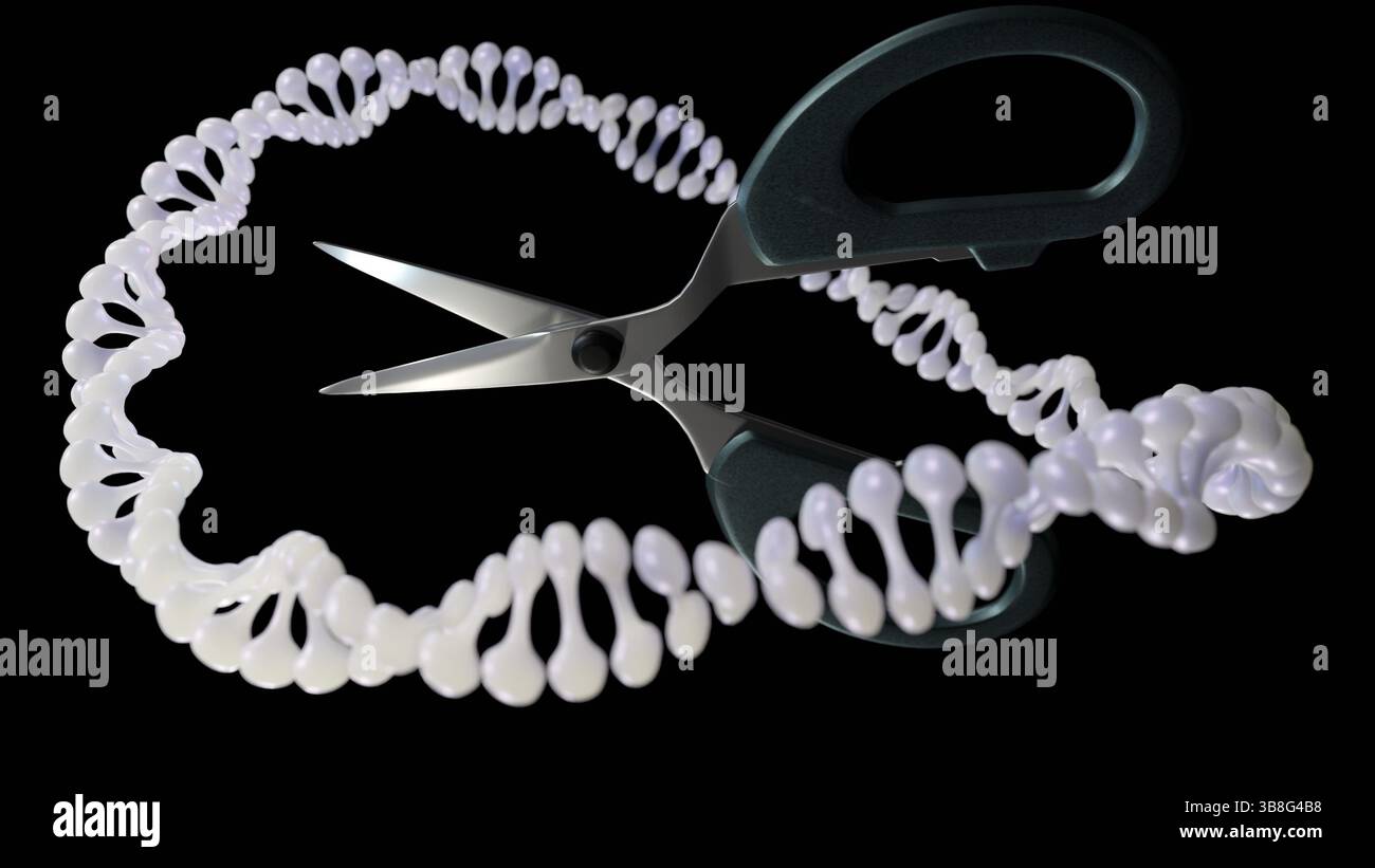 Rendering 3d di DNA plasmidico e forbici. CRISPR-Cas9 agisce come forbici molecolari per DNA plasmidico. Foto Stock