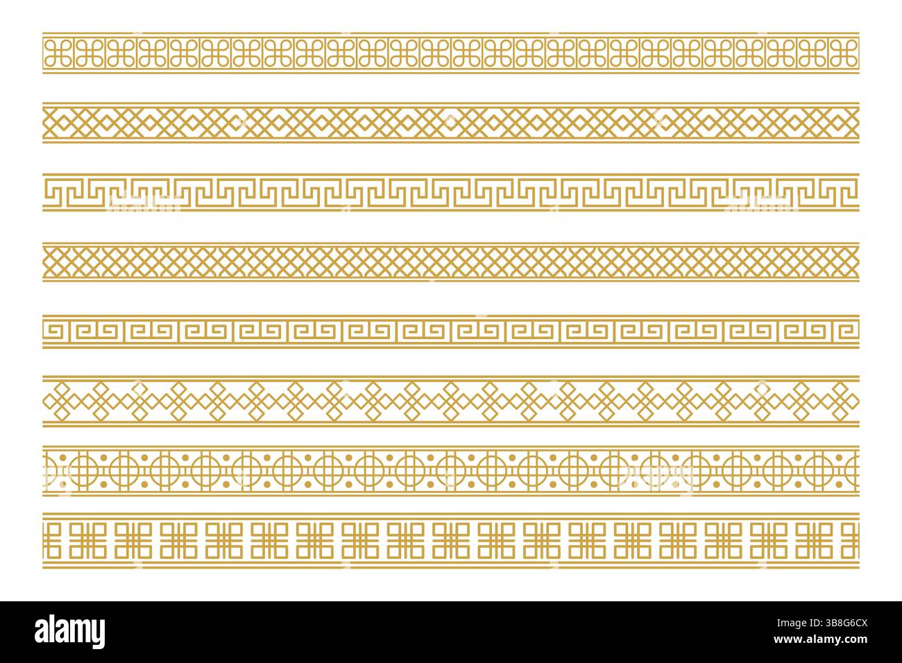 Set di bordi decorativi con motivi ripetuti in tonalità oro su sfondo bianco, adatti per elementi di design. Illustrazione Vettoriale