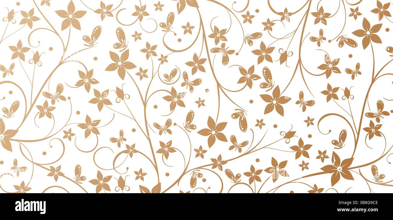 Motivo senza cuciture con fiori decorativi e farfalle colori dorati sfondi bianchi isolati per sfondi e sfondi eleganti e testurizzati Illustrazione Vettoriale