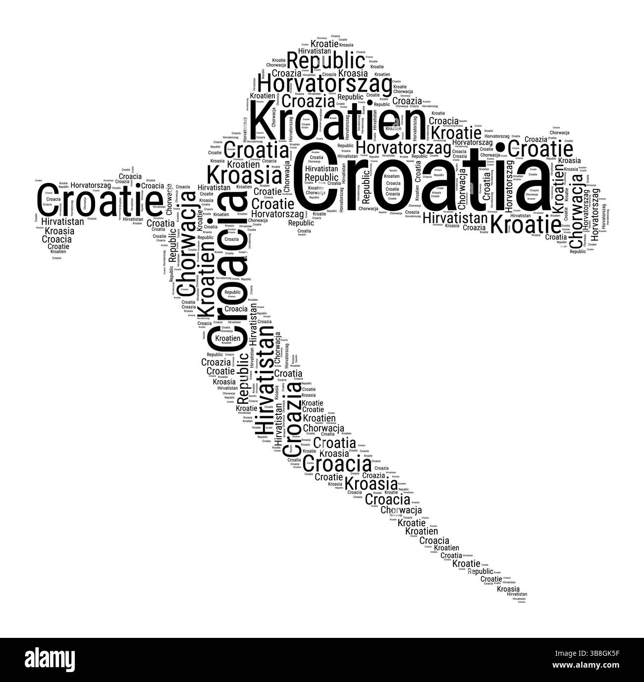 Nuvola di parole in bianco e nero a forma di Croazia. Semplice illustrazione del paese in stile tipografico. Illustrazione Vettoriale