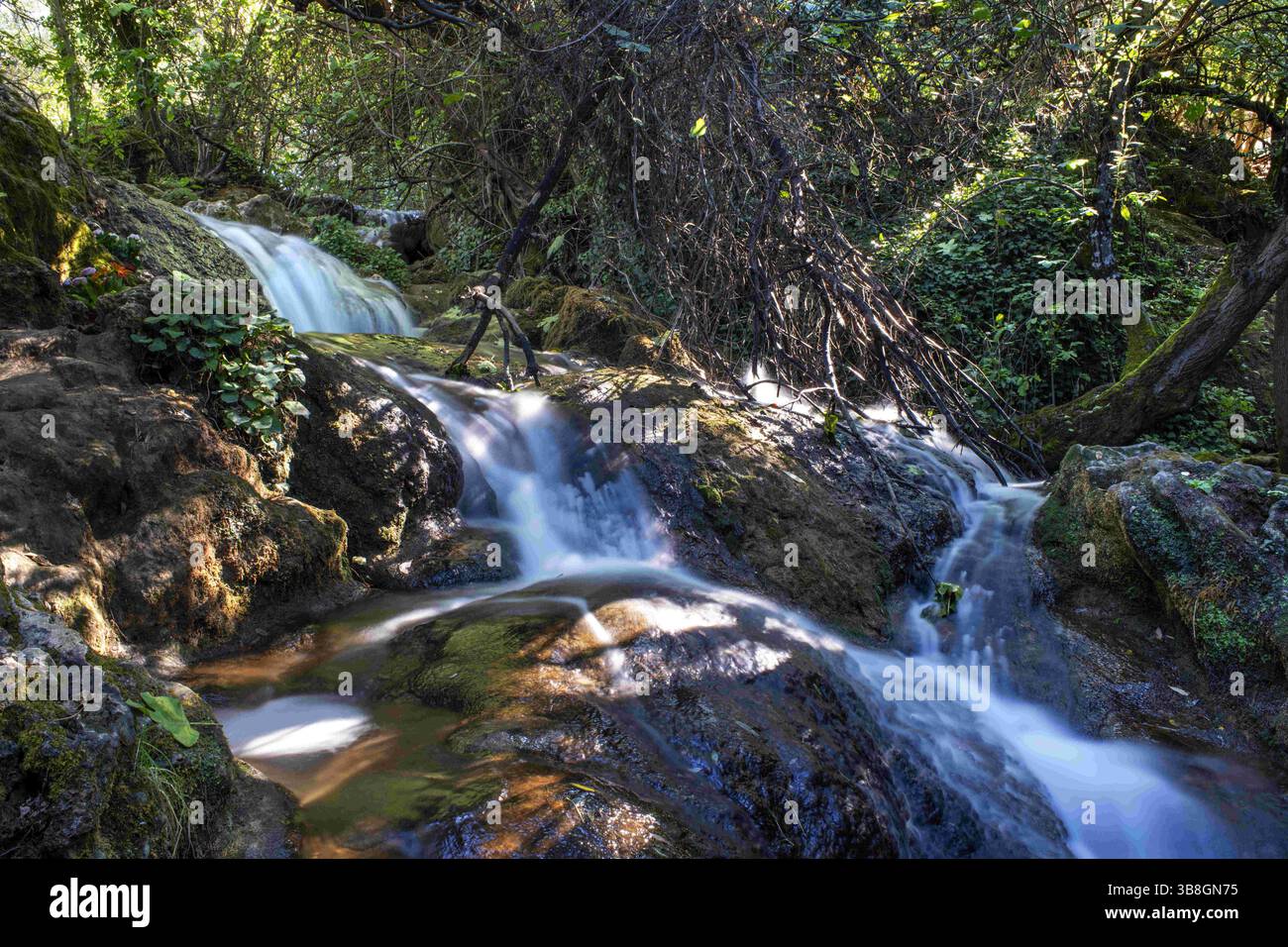 17 settembre 2022, Siviglia, Spagna: Cascate di Hueznar a San Nicolas del Puerto, Siviglia. Andalusia, Spagna...il fiume HuÃ©znar nasce in una sorgente sotterranea vicino a San NicolÃ¡S del Puerto. Da qui, il fiume scorre in discesa fino a raggiungere l'imponente Cascadas del HuÃ©znar, dichiarata monumento naturale dalla Junta de AndalucÃ­a e riserva della Biosfera sotto la protezione dell'UNESCO. E' uno dei posti piu' belli dell'intera Sierra Norte de Sevilla e un'incredibile oasi in cui fare un tuffo e, tra l'altro, mitigare il caldo caldo caldo dell'estate andalusa. Il Foto Stock