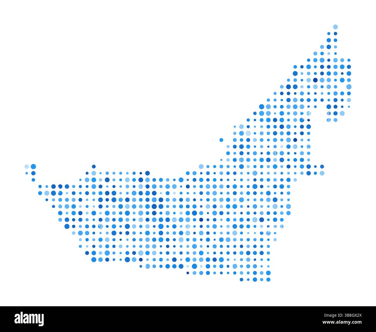 Mappa dei punti degli Emirati Arabi Uniti. Stile digitale country. Immagine vettoriale degli Emirati Arabi Uniti. A forma di paese con punti circolari blu. Illustrazione vettoriale VIBRANT. Illustrazione Vettoriale