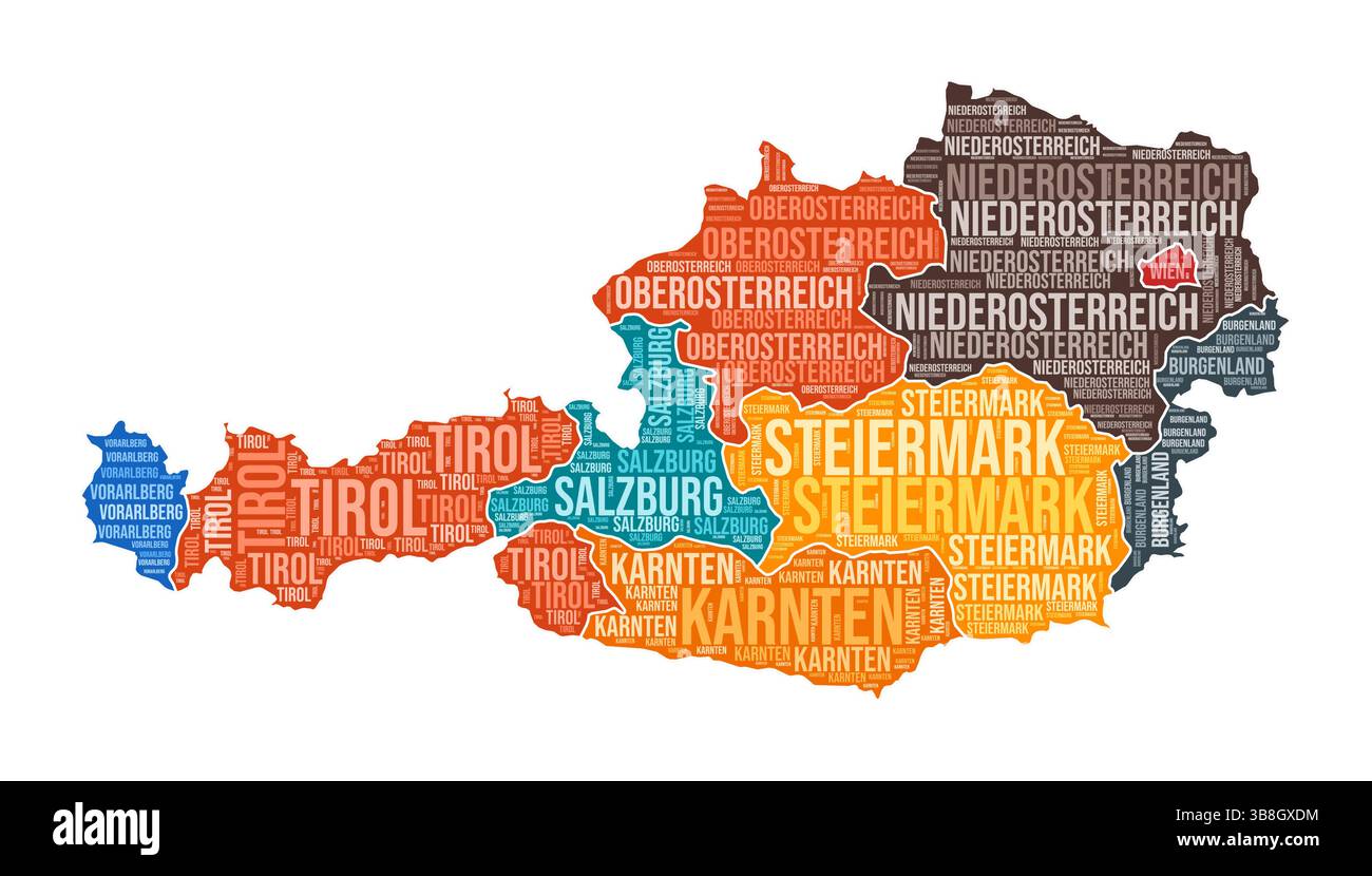 Forma austriaca. Cloud di parole del paese con divisione regionale. Illustrazione colorata per l'Austria. Fumetto nomi area. Illustrazione vettoriale. Illustrazione Vettoriale