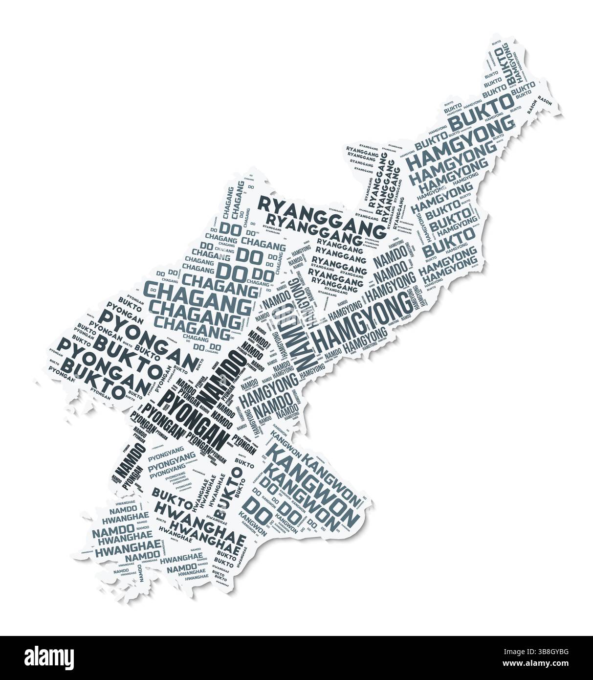 La Repubblica democratica di Corea forma una nuvola di testo. Confine del paese con ombra su sfondo bianco. Illustrazione Vettoriale