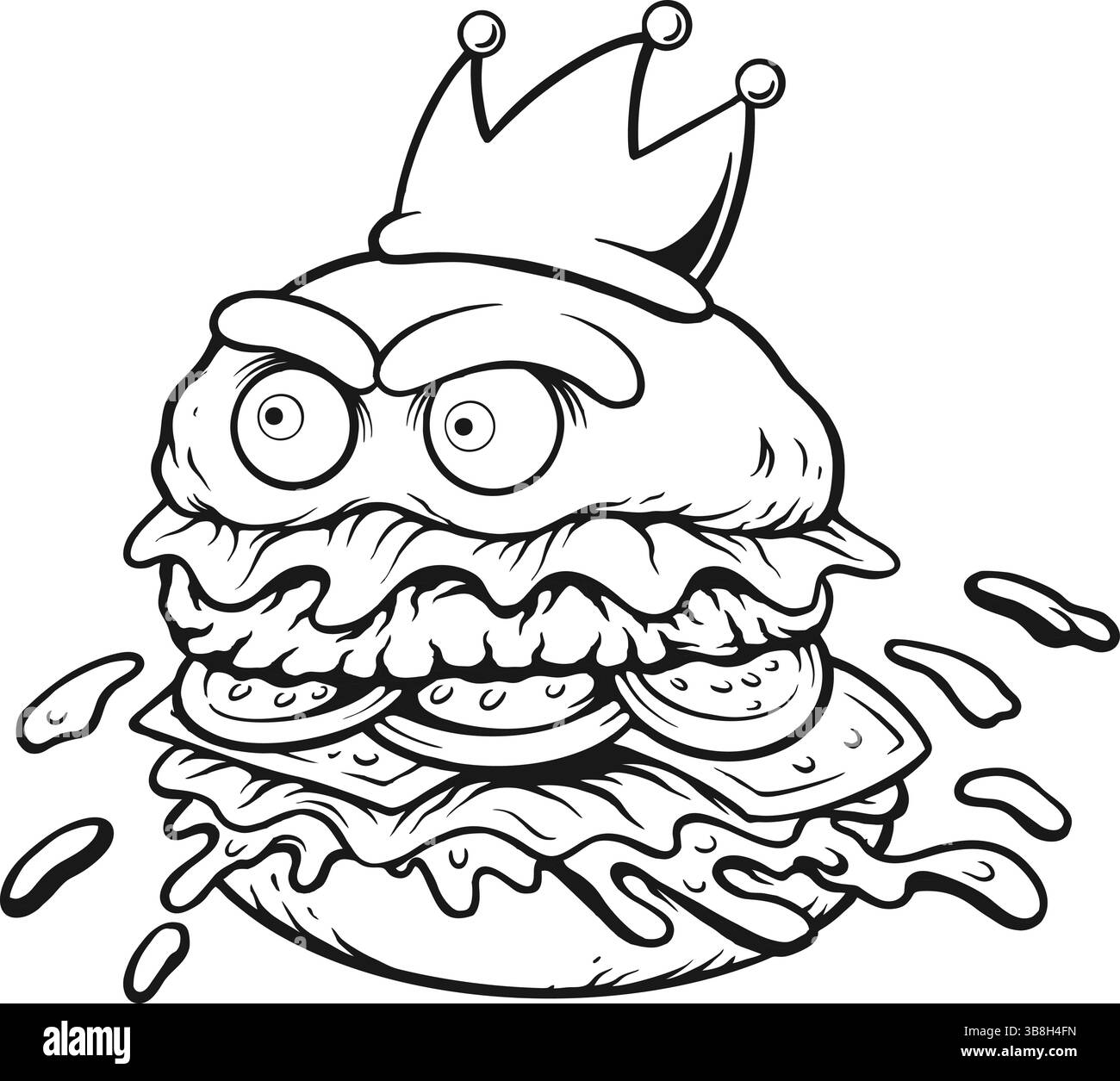 Mascotte Hamburger coronata con intense illustrazioni vettoriali stare Sillhouette per il tuo logo di lavoro, t-shirt di merchandising, adesivi e disegni di etichette, posta Illustrazione Vettoriale