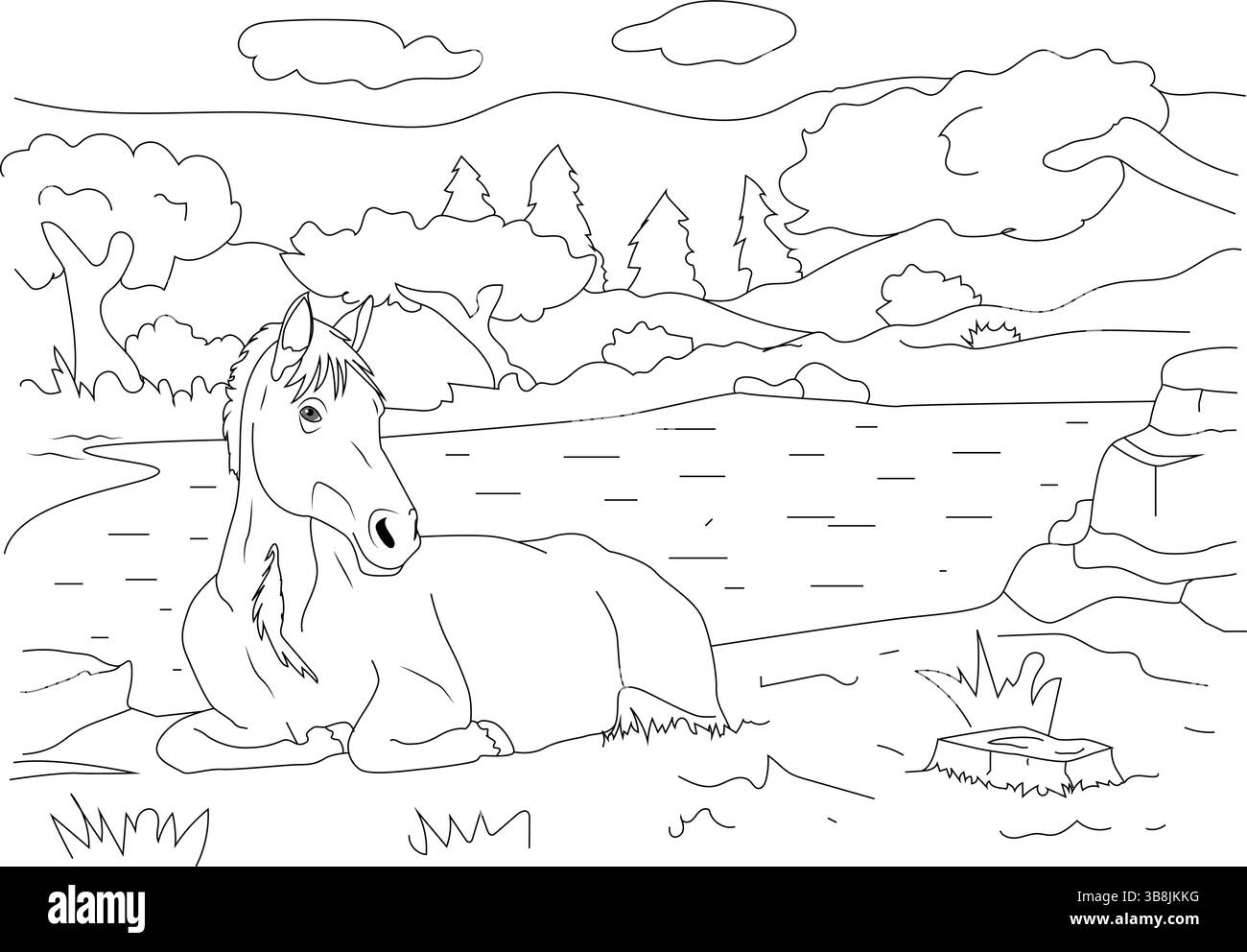 Una linea bianca e nera che disegna un cavallo sdraiato e riposato vicino a una sponda del fiume con alberi e colline sullo sfondo. Adatto per la colorazione. Illustrazione Vettoriale