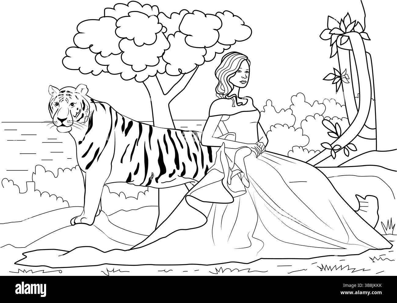 Linea bianca e nera che disegna l'illustrazione di una ragazza in un abito elegante che posa graziosamente accanto a una maestosa tigre in un paesaggio all'aperto. Ideale per Illustrazione Vettoriale