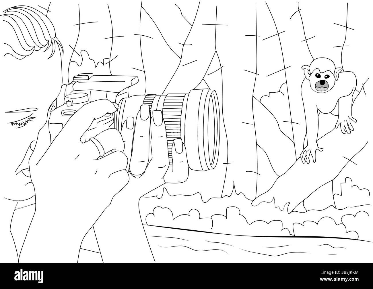 Un disegno che mostra una ragazza con una macchina fotografica che scatta una foto di una scimmia in un ambiente lussureggiante della giungla. Raffigura la fotografia della fauna selvatica e un Illustrazione Vettoriale
