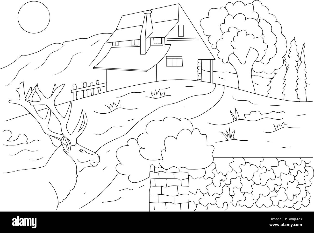 Una linea in bianco e nero che raffigura una casa situata su una collina che domina un paesaggio con montagne, alberi, recinzione, sentiero, muro di pietra Illustrazione Vettoriale
