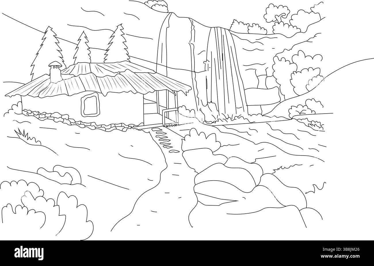 Semplice illustrazione in linea raffigurante una rustica casa in argilla immersa in un paesaggio naturale con una cascata che scorre, alberi, rocce e un sentiero tortuoso. Illustrazione Vettoriale