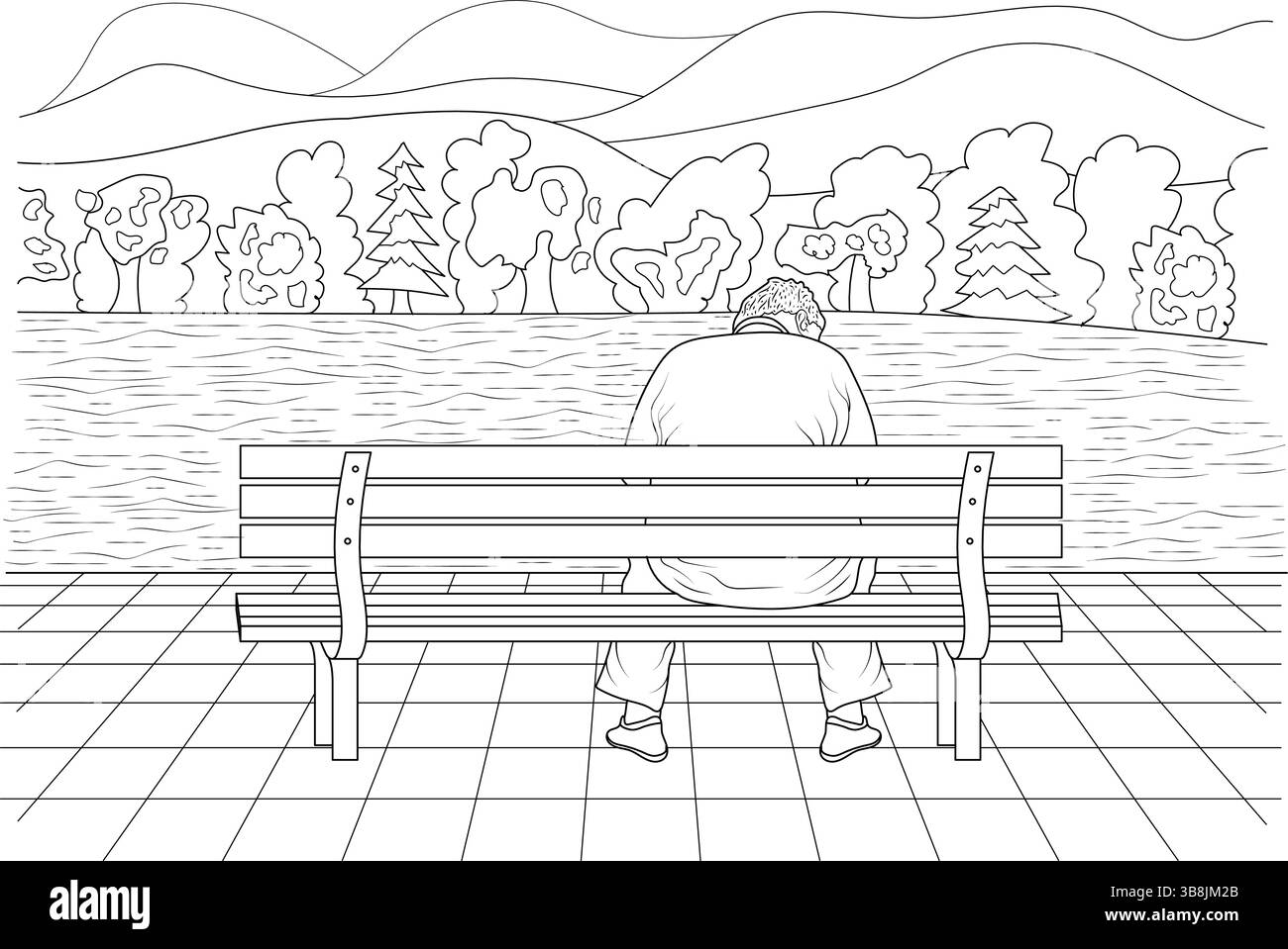 Una linea in bianco e nero che raffigura un uomo visto da dietro, seduto su una panchina del parco e contemplando la vista di un tranquillo laghetto o lago. Illustrazione Vettoriale