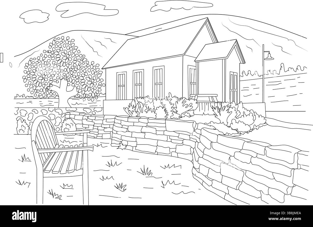 Disegno in bianco e nero di un'affascinante casa immersa in un paesaggio rurale, caratterizzata da un giardino dettagliato con un muro di pietra, sedia in legno, alberi, Illustrazione Vettoriale