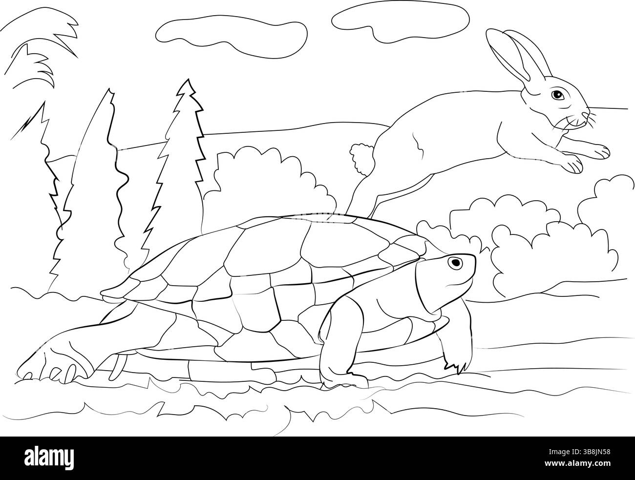 Disegno in linea bianco e nero raffigurante la classica favola della Tartaruga e della Lepre, mostrando la tartaruga lenta ma stabile e il coniglio veloce Illustrazione Vettoriale