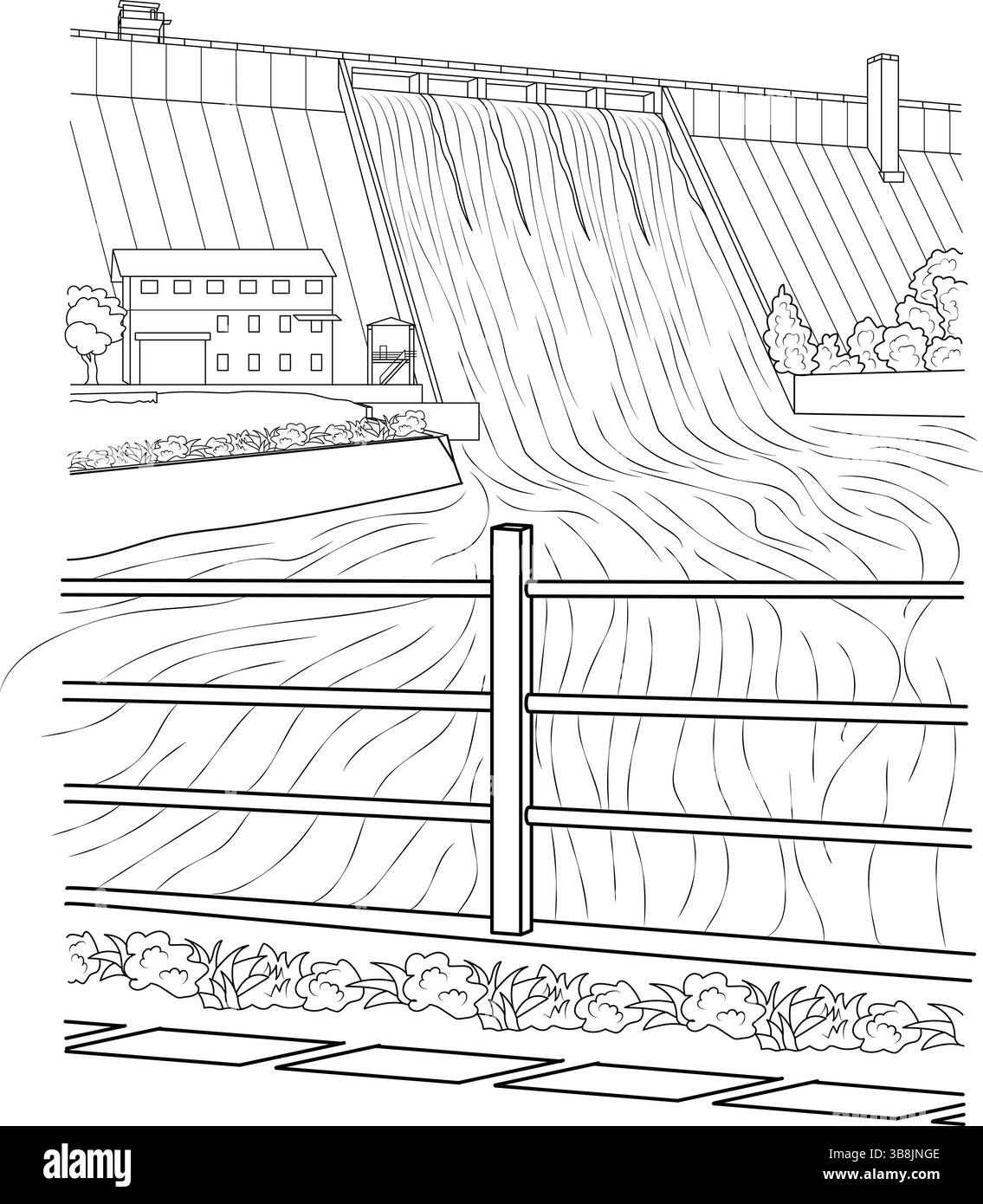Disegno dettagliato della linea che raffigura una grande parete di cemento della diga con l'acqua che cade sopra il canale di scarico. Include elementi del suc dell'ambiente circostante Illustrazione Vettoriale