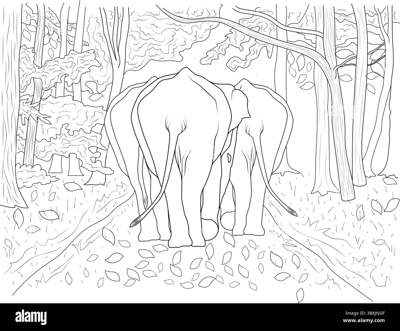 Illustrazione in linea bianca e nera con due elefanti che si allontanano dallo spettatore attraverso un ambiente forestale. Questo disegno è adatto Illustrazione Vettoriale
