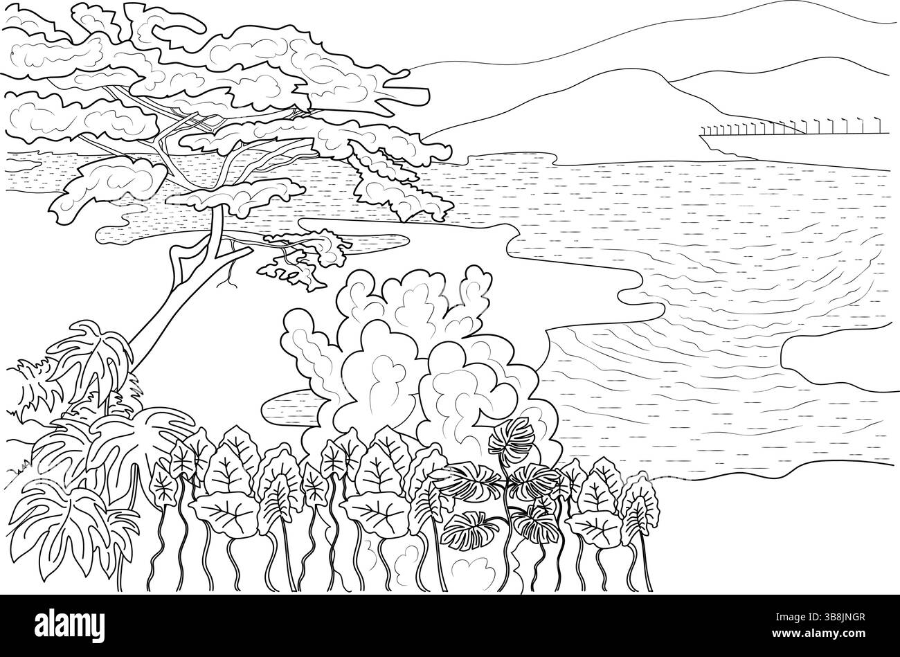 Un'illustrazione dettagliata in bianco e nero che raffigura un paesaggio panoramico con diga, bacino idrico, alberi lussureggianti e piante di vario genere Illustrazione Vettoriale