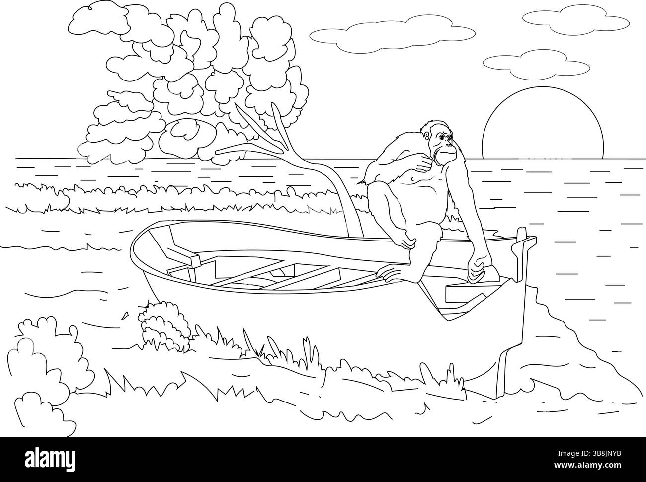 Una semplice illustrazione in bianco e nero raffigurante uno scimpanzé seduto su una piccola barca vicino alla riva di una spiaggia o di un bacino d'acqua. Una solita Illustrazione Vettoriale