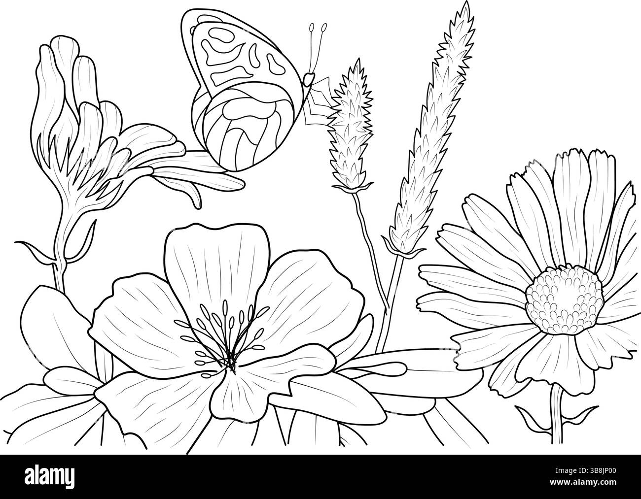 Contorno bianco e nero che mostra un atterraggio di una farfalla su un fiore, circondato da vari altri fiori e piante. Ideale per libri da colorare, nat Illustrazione Vettoriale